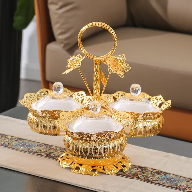 

QIAN HU Nordic Light Luxury Gold Metal Serving Trays Dry Fruit Tray Dried Nuts Plates Compartment Snack Dish with Lid