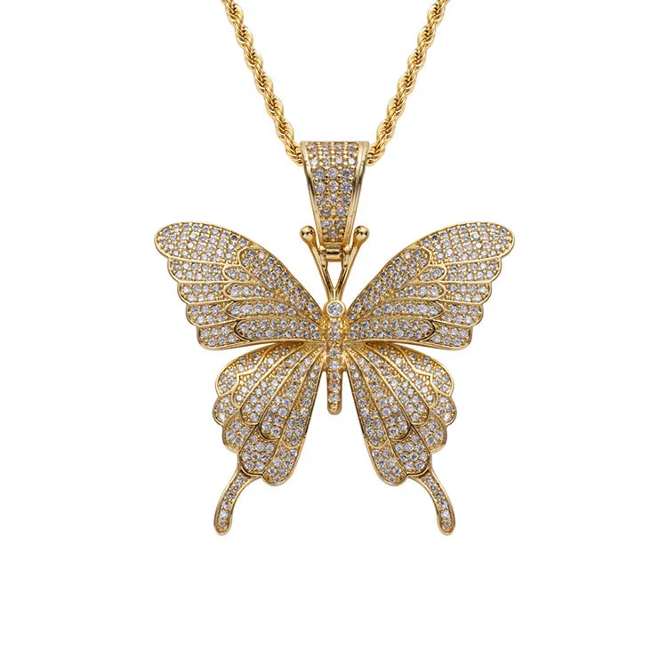 

NZ1125 Chic Bling Blingbling Iced Out CZ Zircon Micro Pave Butterfly Charm Pendant Chain Necklace for Women
