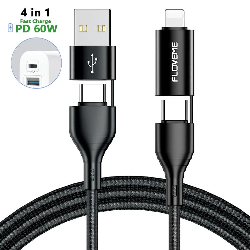 

Free Shipping 1 Sample OK FLOVEME Type C to Type C PD 60W 4 in 1 PD Fast Charger Data Charging Cable for iPhone