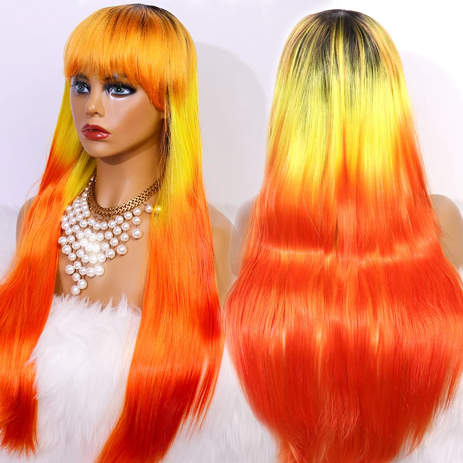 

Orange Ombre Yellow with Bangs Synthetic No Lace Front Wig Glueless Heat Resistant Hair Drag Queen Halloween Amazon Hot Styles