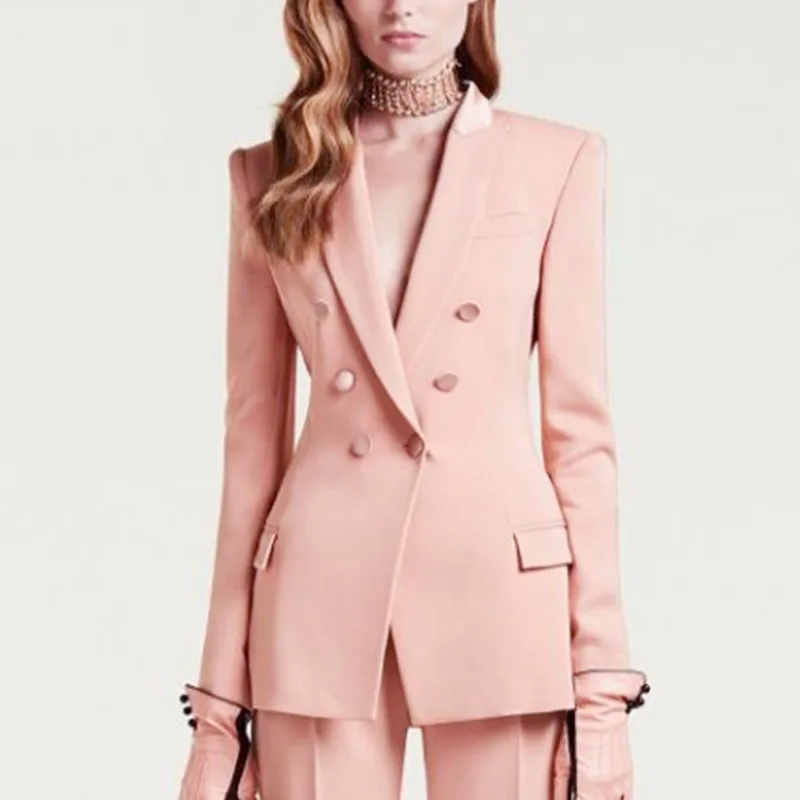 

Mature Ladies Lapel Long Sleeve Triple Breasted Two-piece Office Business Blazer Pants Suit, Pink and black