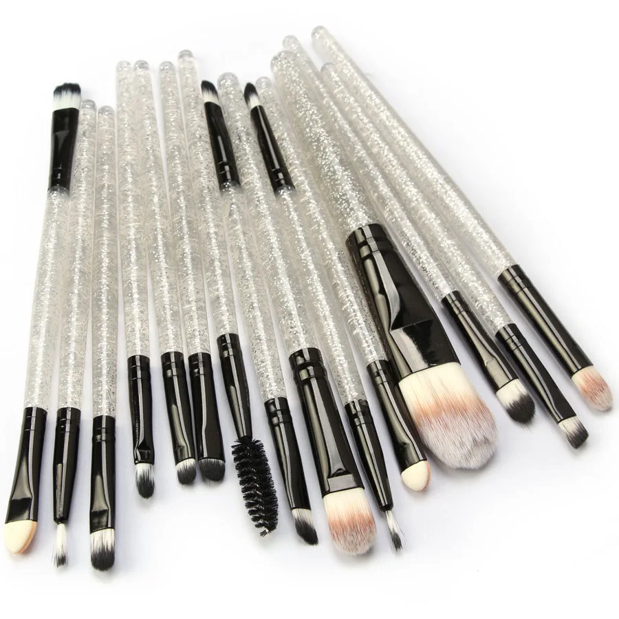 

15Pcs Customized Crystal cheap price custom makeup brush Set private label Fan Powder Eye Private Label Professional Brushes, Black white gold blue