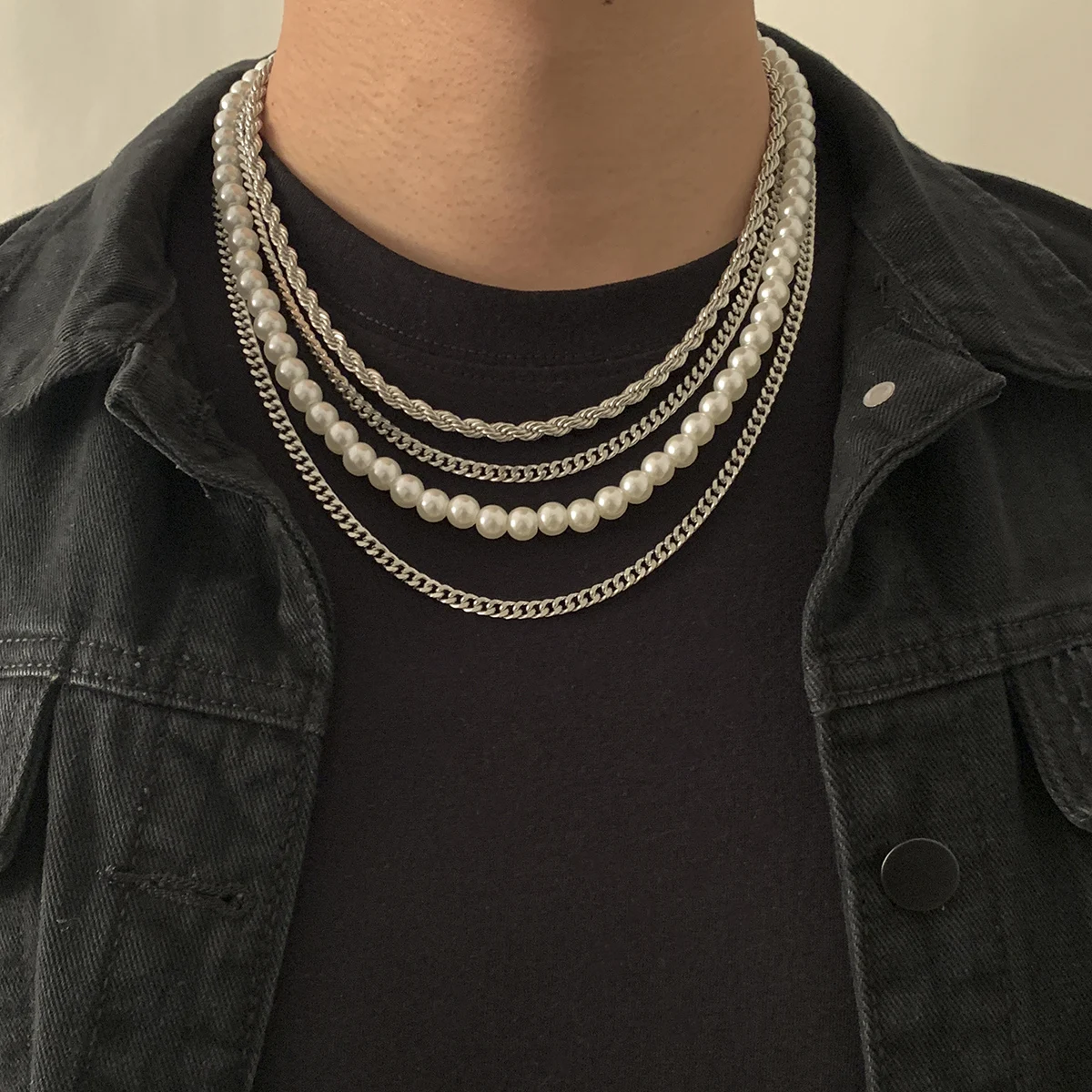 

SHIXIN Hip Hop Twist Rope Chain Pearl Bead Necklace Silver Link Chain Layered Necklace Punk Thick Statement Necklace Men Women