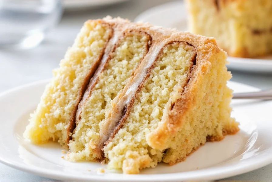 Perfectly golden cinnamon roll cake with cream cheese frosting dripping down the sides on a white ceramic platter