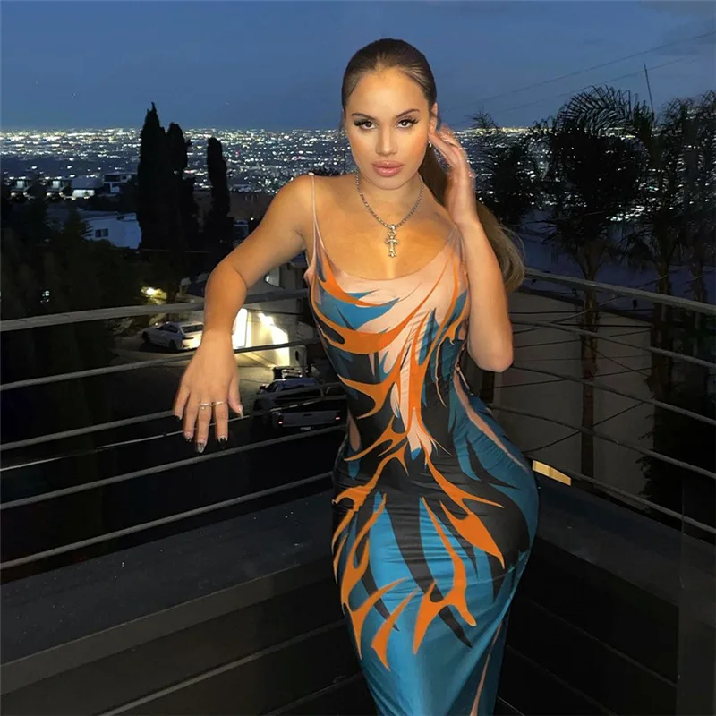 

YD7864 Summer trending printed slip dresses women elegant casual v neck midi dress