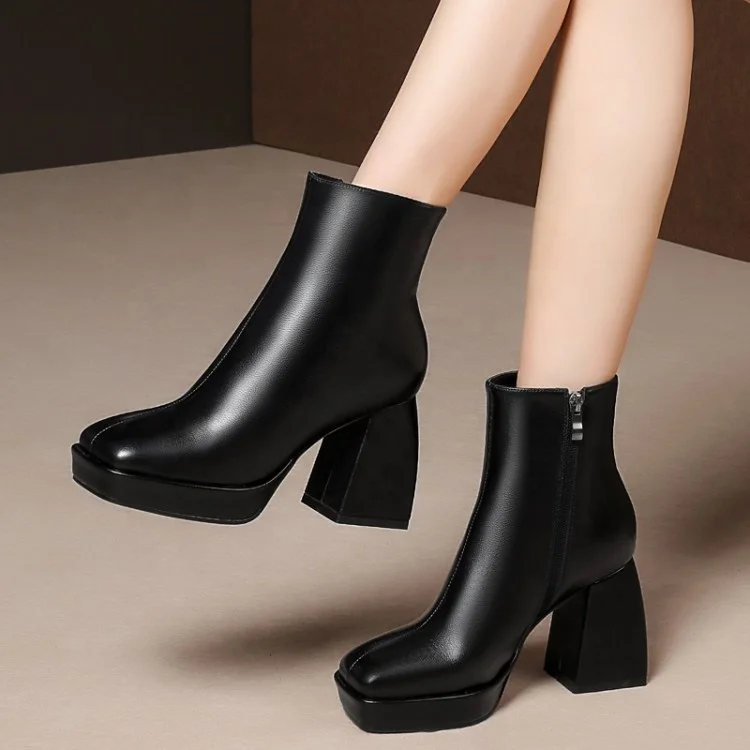 

Solid Leather Upper Square Toe Women Ankle Boots Concise Side Zip Chunky High Heel Short Booties For Ladies, Black