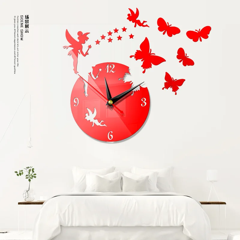 

Customized Round Retro 3D Acrylic Angel Butterfly Decorative Home Wall Clock, Black,silver, gold, red