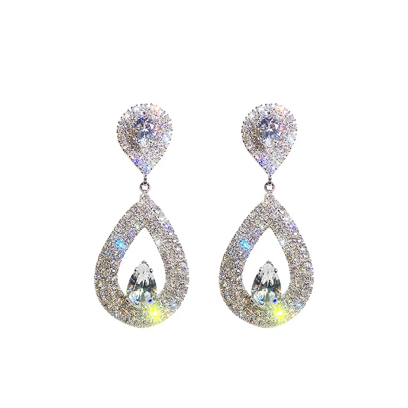 

2021 High Quality Statement Jewelry Full Crystal Geometric Drop Earring Shinny Double Water Drop Diamond Earring