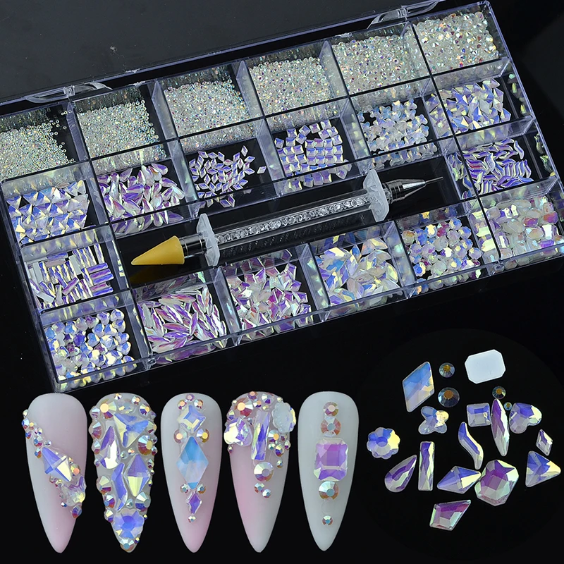 

High Quality OEM Multi Shape Glass Crystal Flatback Nail Art Fancy Press On Nails Rhinestone For Nails, 10 colors as picture shown