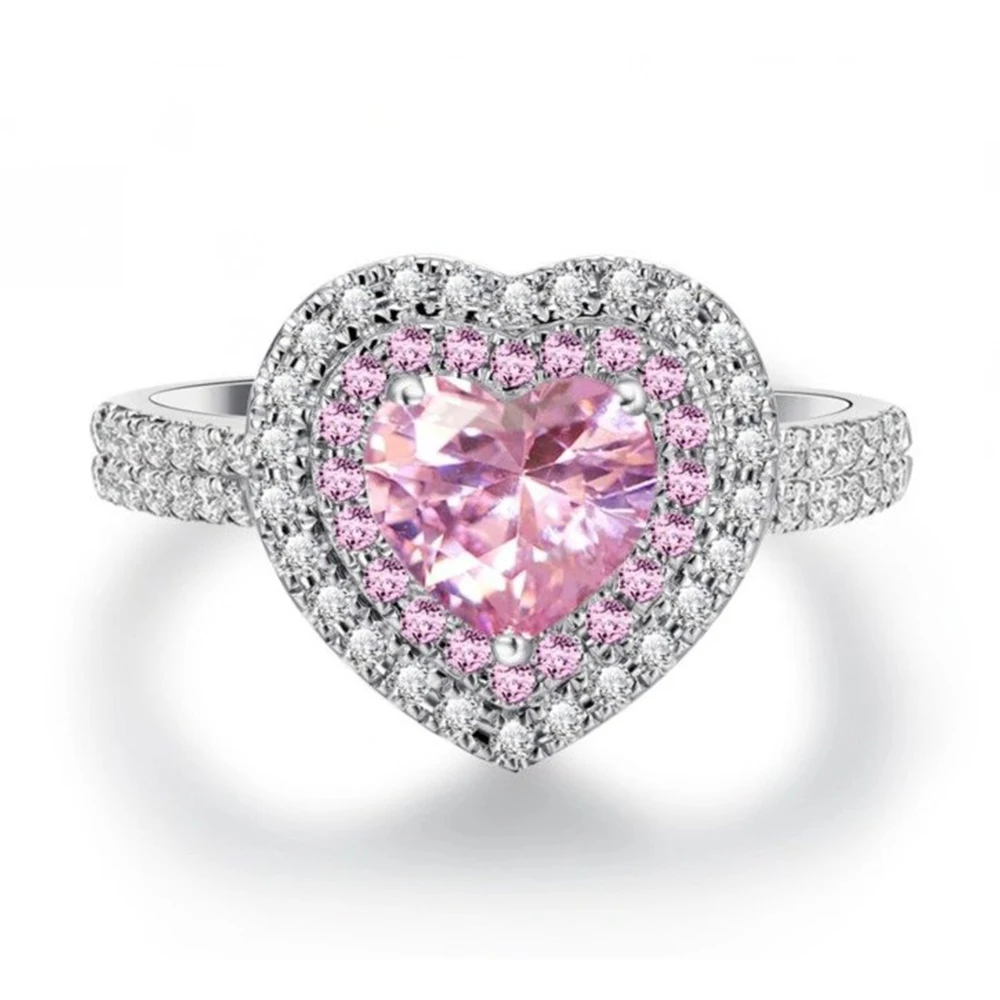 

2021 European and American new pink love ring with platinum plated zircon ring