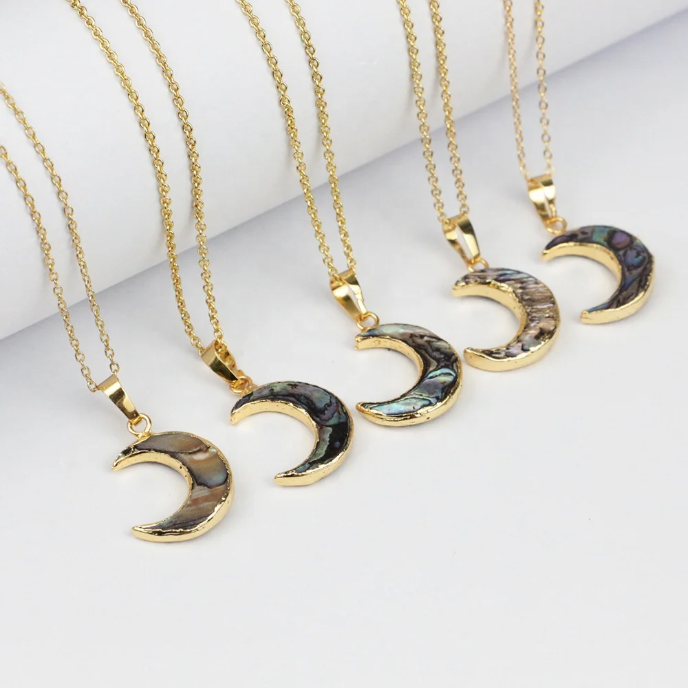 

LS-A132 sparkly amazing! abalone shell pendant crescent necklace fashion gold plating chain necklace new designs, Multi