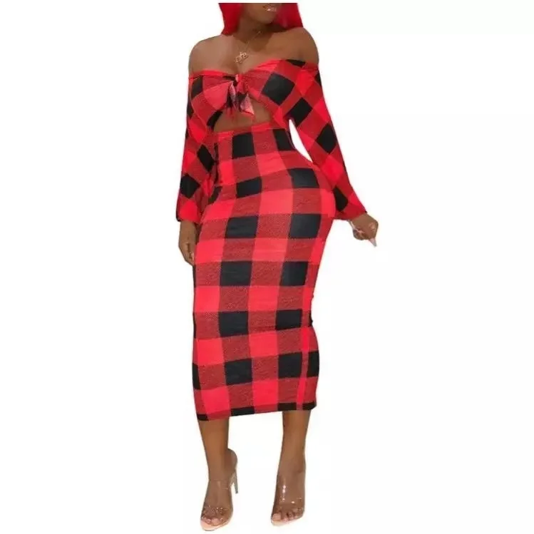 

New design off the shoulder sexy long sleeve blue plaid bodycon midi dress, Customized color
