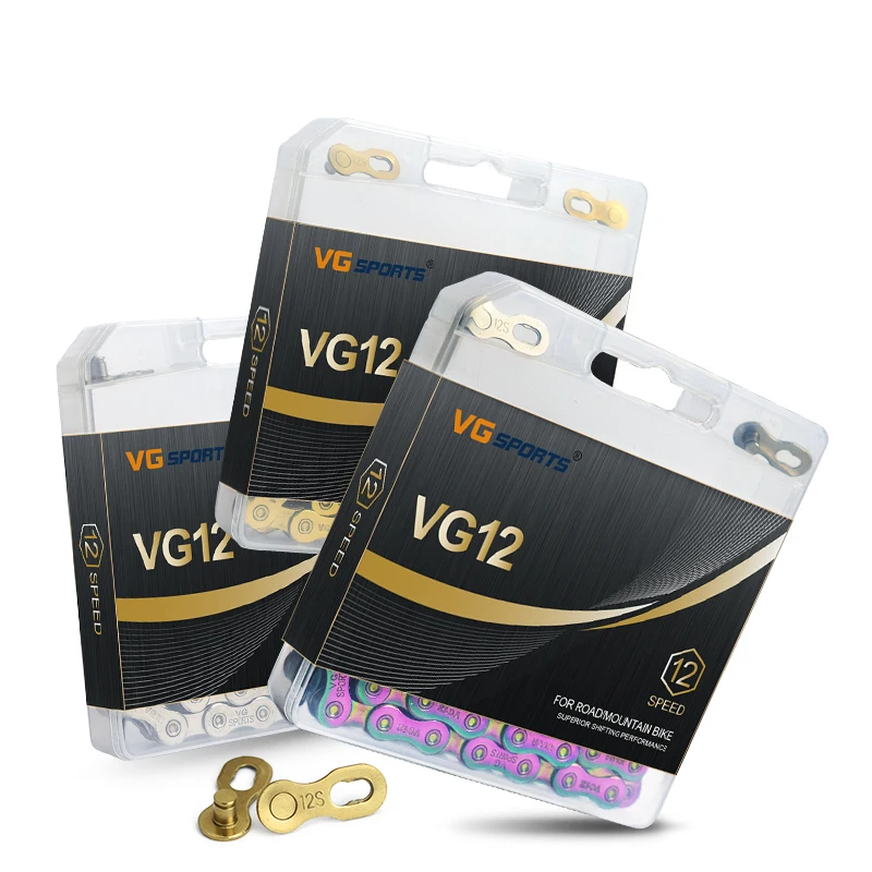 

VG 12 Speed 126 Links Bicycle Chains Mountain Road Bike Full Hollow Titanium Gold Rainbow Lightweight Bike Chains, Silver/gold/titanium nitride