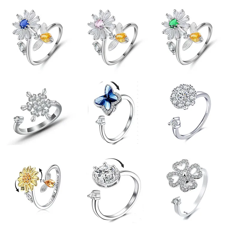 

2021 Fashion Wholesale Adjustable Custom Cute Dainty Crystal Flower Women Jewelry Finger Anxiety Fidget Rings