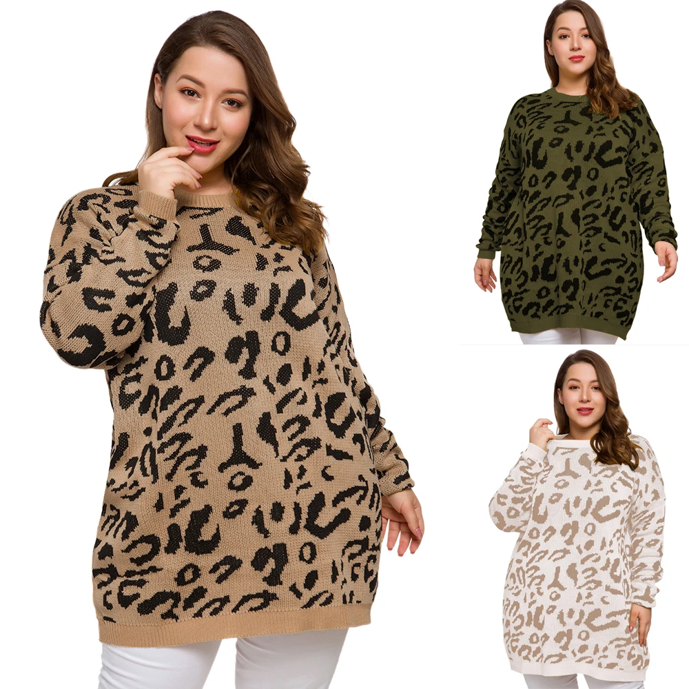 

Plus size women's spring and summer new sweater fat women round neck leopard print loose sweater tops
