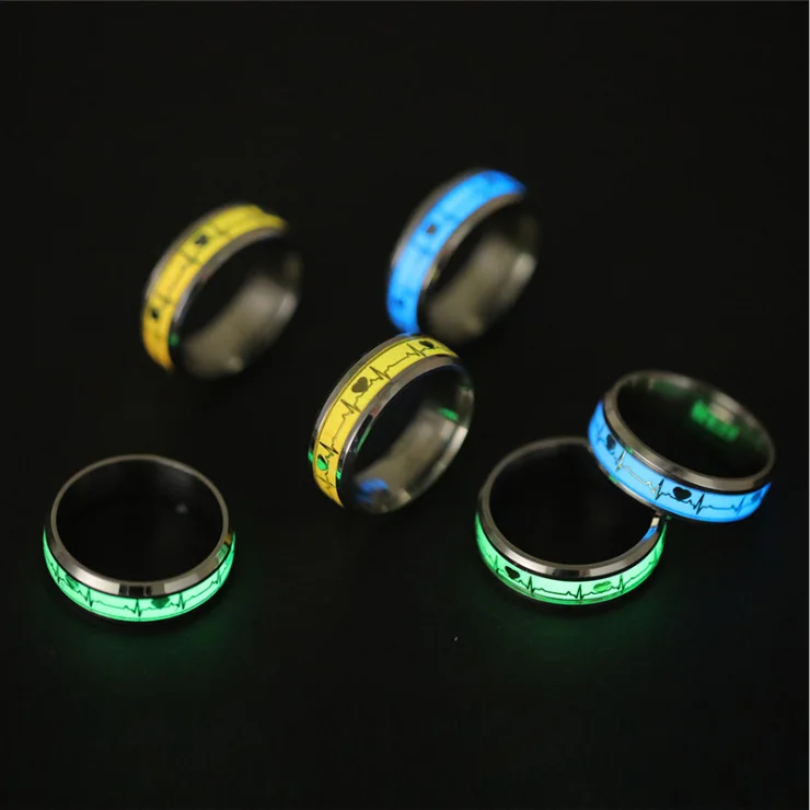 

Promotion Heartbeat Silver Stainless Steel ECG luminous Electrocardiogram Glow in the Dark Couple Ring, Silver,gold