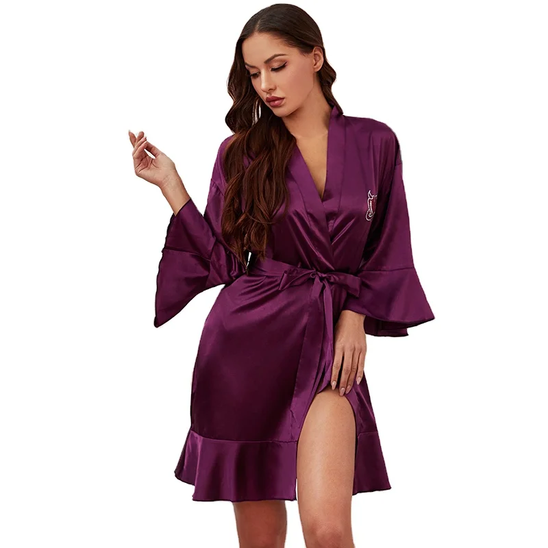 

Wholesale 2021 Spring Summer Silk Satin Nightgown Ladies Ruffle Hem Belted Sexy Bathrobe Robes For Women, 4 color