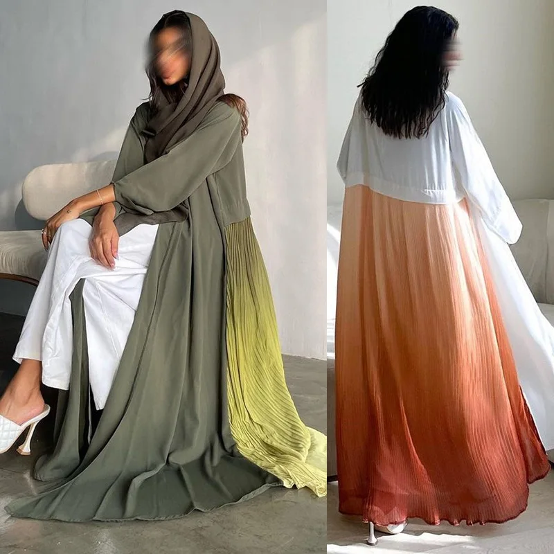 

Spot Muslim Arab Abaya Robe Abaya Patchwork Chiffon Pressure Pleated Large Skirt Cardigan Women's Islamic Muslim Modest Fashion