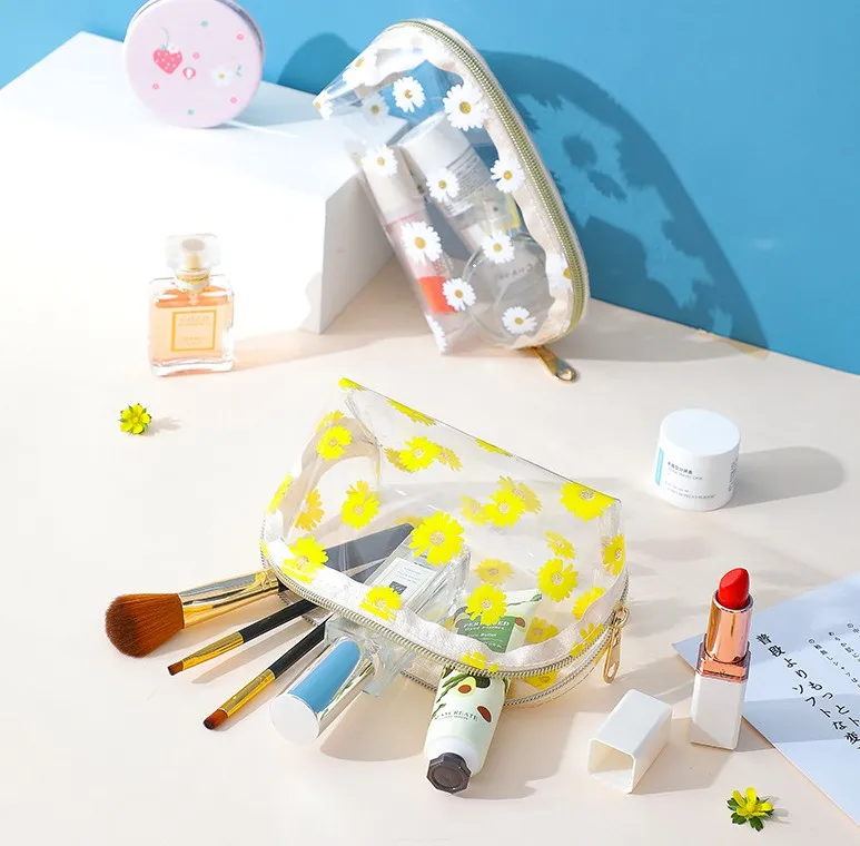 

New Style Daisy Transparent PVC Cosmetic Bag Zipper Make Up Brush Bag