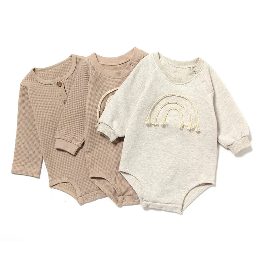 

New design waffle infant clothing bulk wholesale boutique kids clothes long sleeve solid color baby rompers, Customized color