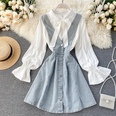 

2020 New Popular Shirts And Denim Halter Skirt Two Piece Sets Women Clothing