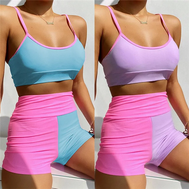 

2021 summer fashion color matching high waist boxer briefs two-piece women's beach swimwear, Picture color