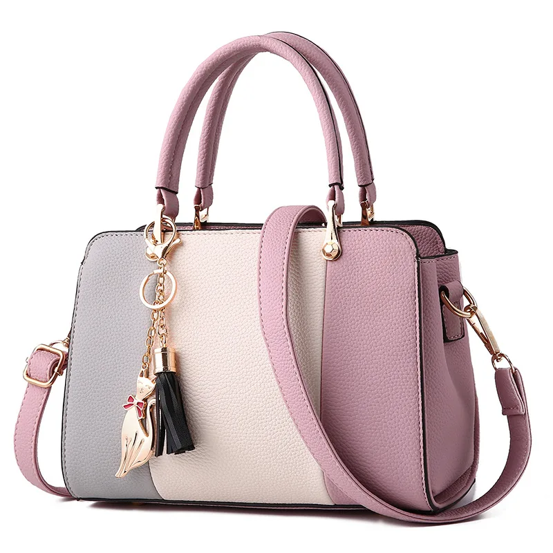 

3 color splicing lichee leather luxury handbags for women cat tassel lichee leather bags women handbags ladies, Black gray purple pink