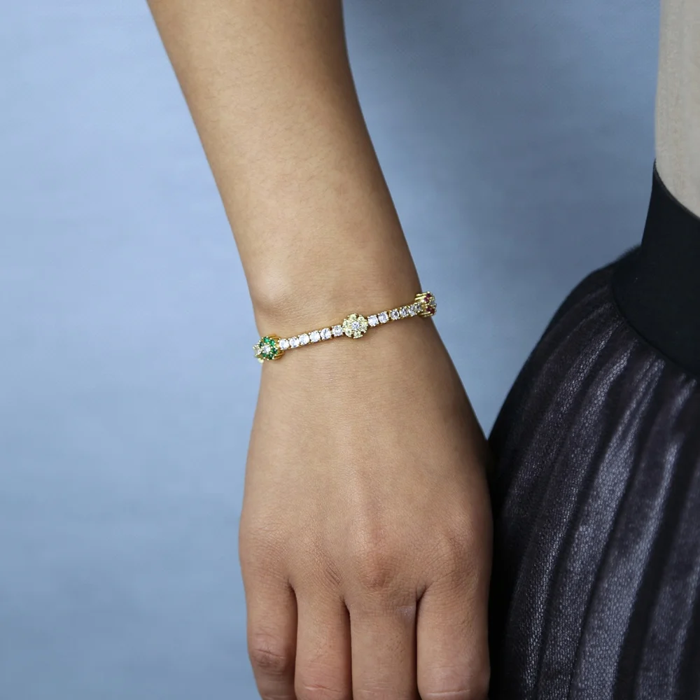 

New arrived 3mm cz tennis chain bracelet bangle with colorful cz paved flower charm bracelet for women lady wedding jewelry