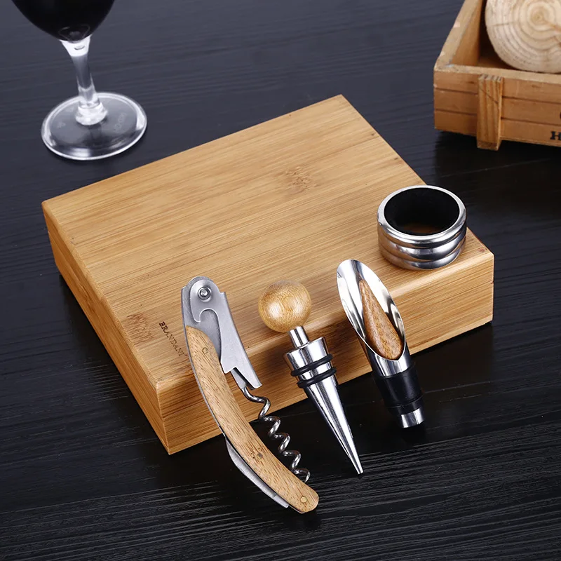 

Wholesale 4 Pieces Accessories set Wooden Bamboo Wine Bottle Corkscrew gift Wine Opener Set