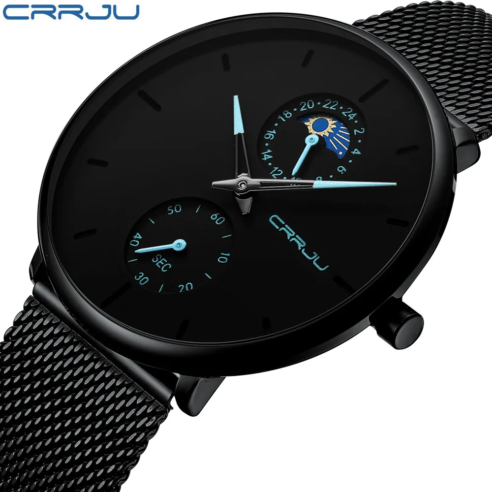 

Classic Men Luxury Brand Watches Black Stainless Steel Minimalist Male Analog Clock Waterproof CRRJU 2263 Quartz Men Wrist Watch, 12 colors