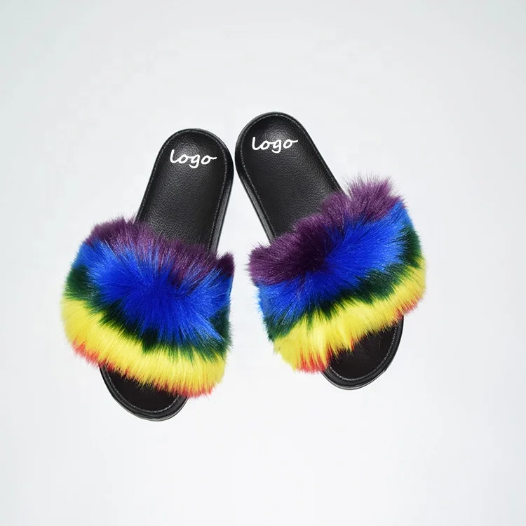 

New design big raccoon fur ball faux Fur Slides colorful pompom outdoor soft fur slippers Factory wholesale