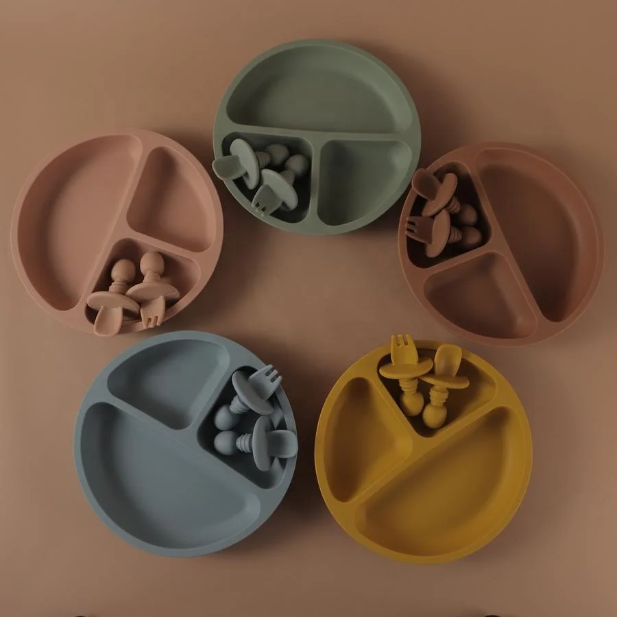 

New BPA FREE Silicone Suction Plate And Baby Cutlery, Green, yellow, pink, blue or customized colors