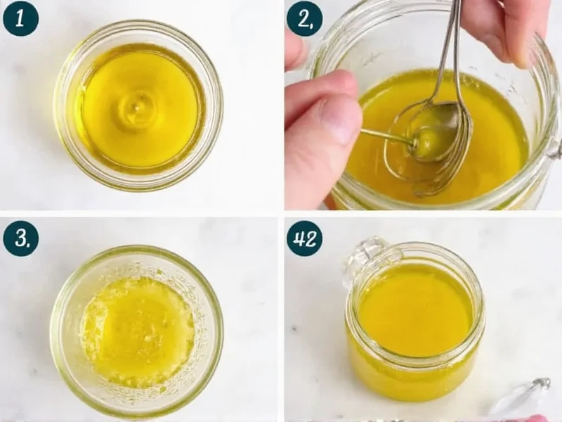 Step-by-step olive oil dressing preparation in glass jar