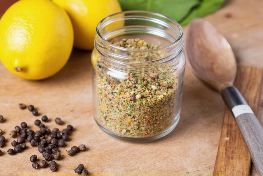 Homemade lemon pepper seasoning in glass jar next to fresh lemons, black peppercorns, and cooking utensils on wooden table