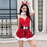 

Sexy Christmas Girl Costume Dress Skirt Headdress Collar Belt T-Back Red Women's Santa Baby Costume 6829