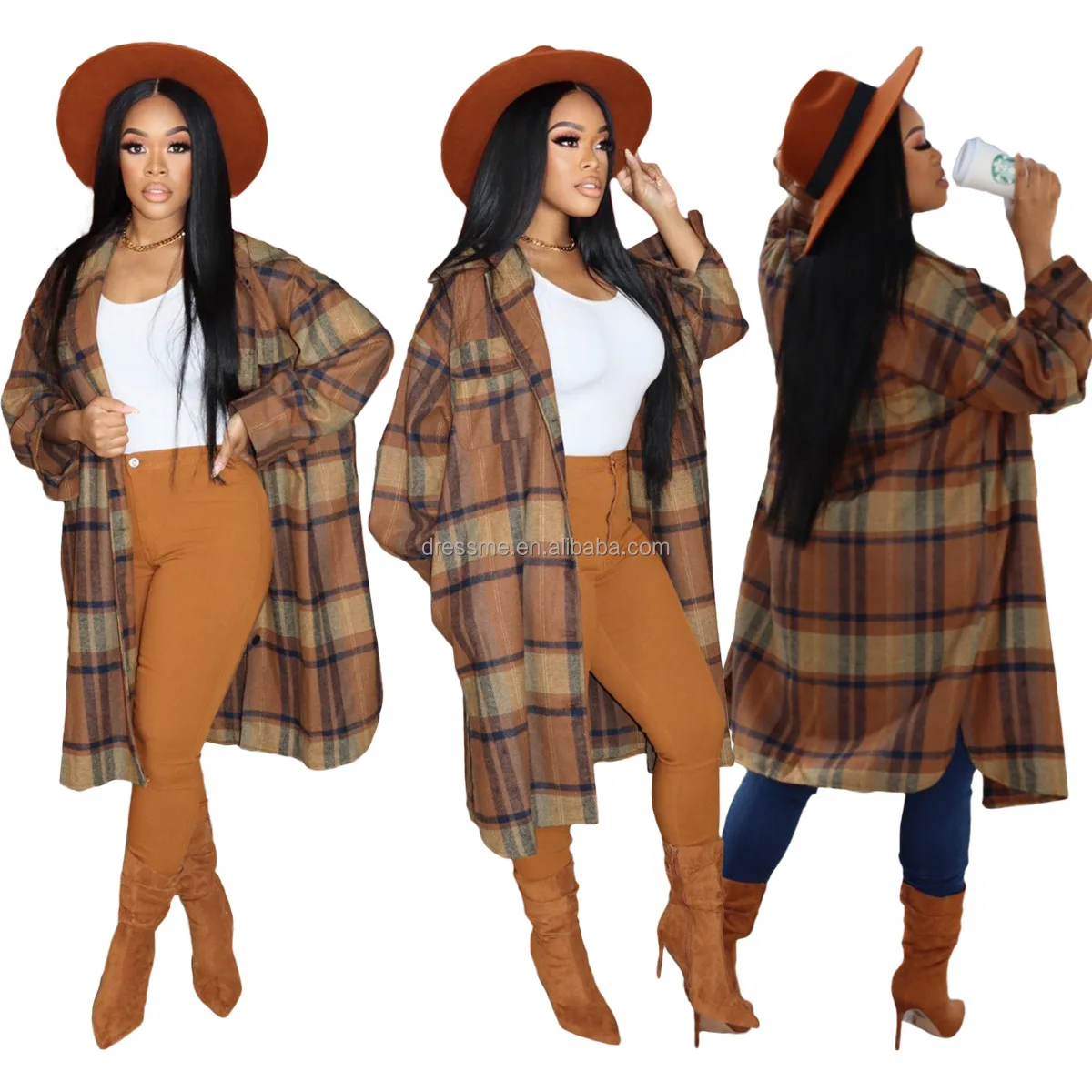 

MT162-88019 Vintage Ladies Long Coats Winter Wear Fashion Lapel Button Up Full Sleeve Plaid Woolen Coat Women's Coats