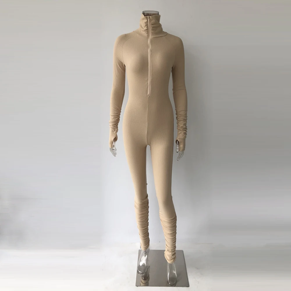 
8358 Hot sales long sleeves women tight zipper casual jumpsuits and rompers cotton Ribbed material classy women jumper 