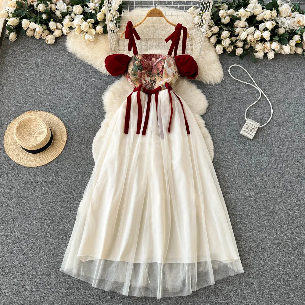 Boutique Wholesale 2026 Spring New French Retro Niche Design Embroidered Suspender With Waistband Slimming Mesh Women's Dress