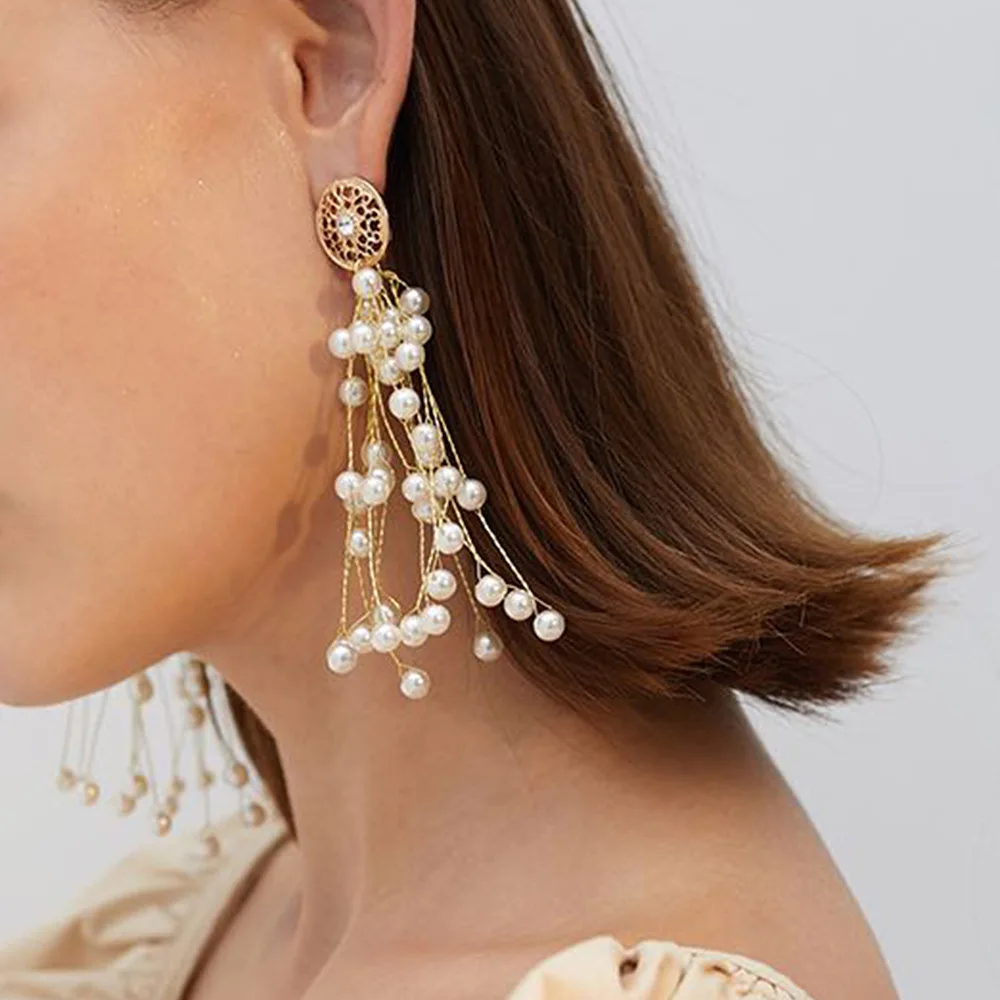 

Wholesale Price Round Ball Gold Drop Earrings Ladies Tassel Ear Stud Long Pearl Earrings For Women