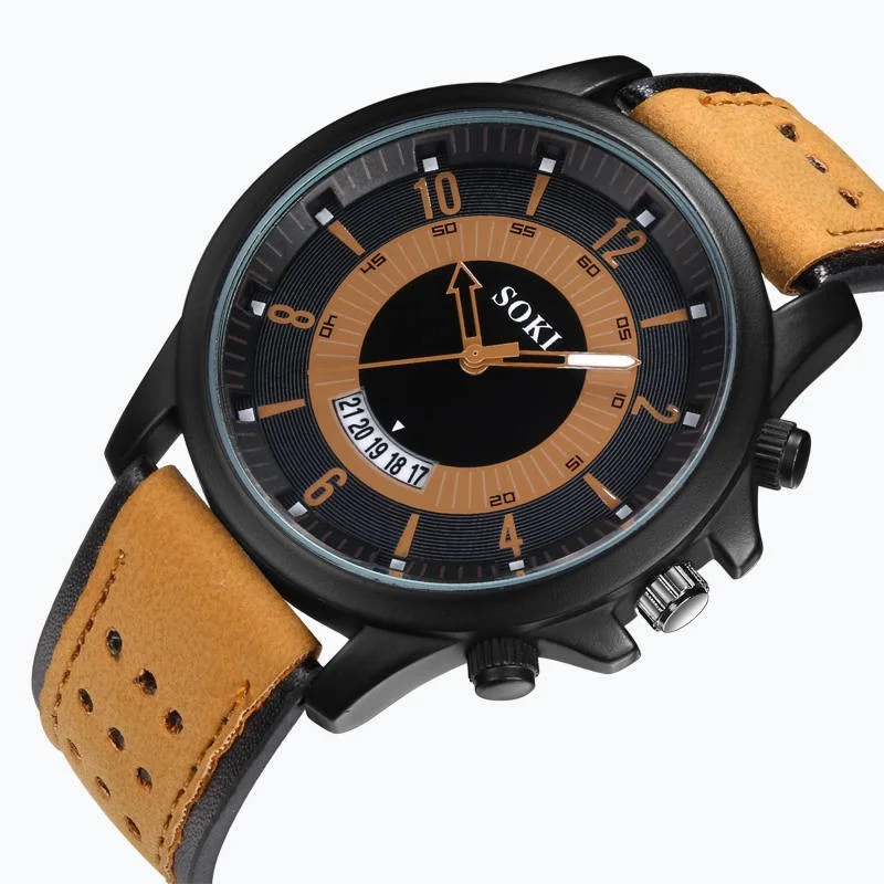 

2020 Fashion Casual Sport Watches Quartz Luxury Classic Big Dial Men Leather Calendar Men's Wrist Watch, Photo
