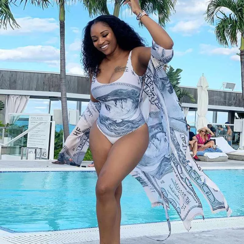 

Dollar Money Print Short Bodysuit And Long Pants Suit Beach Sexy Femme Robe