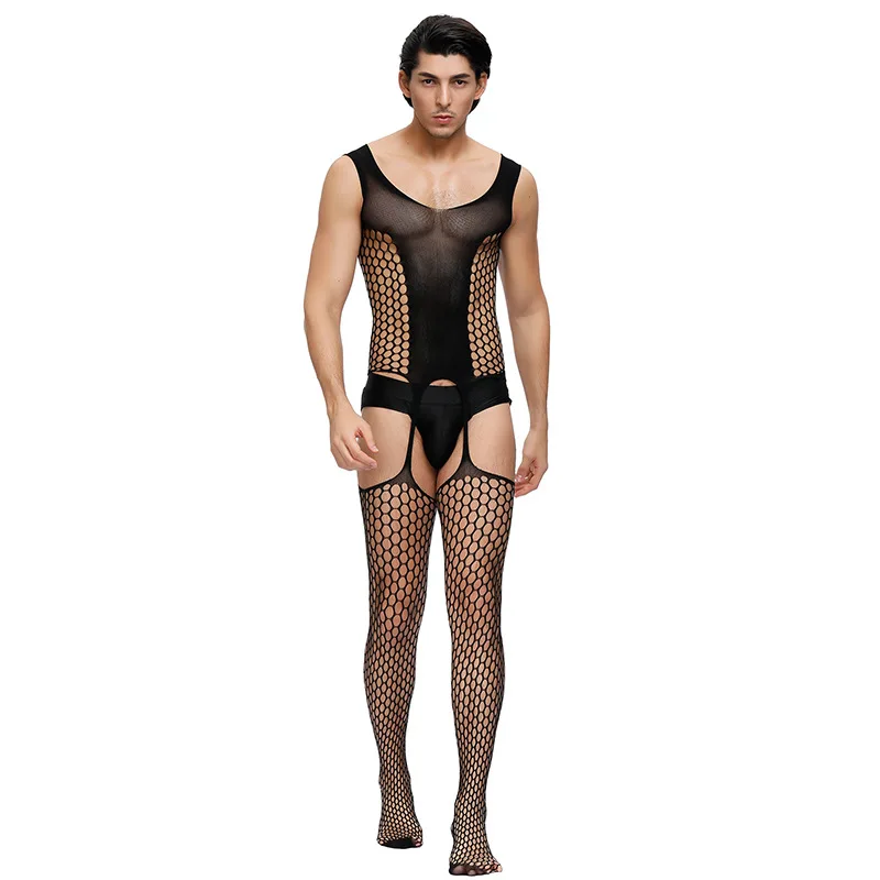 

Underwear sexy conjoined socks men's bold hollow hole black pantyhose strap open file custom underwear suit