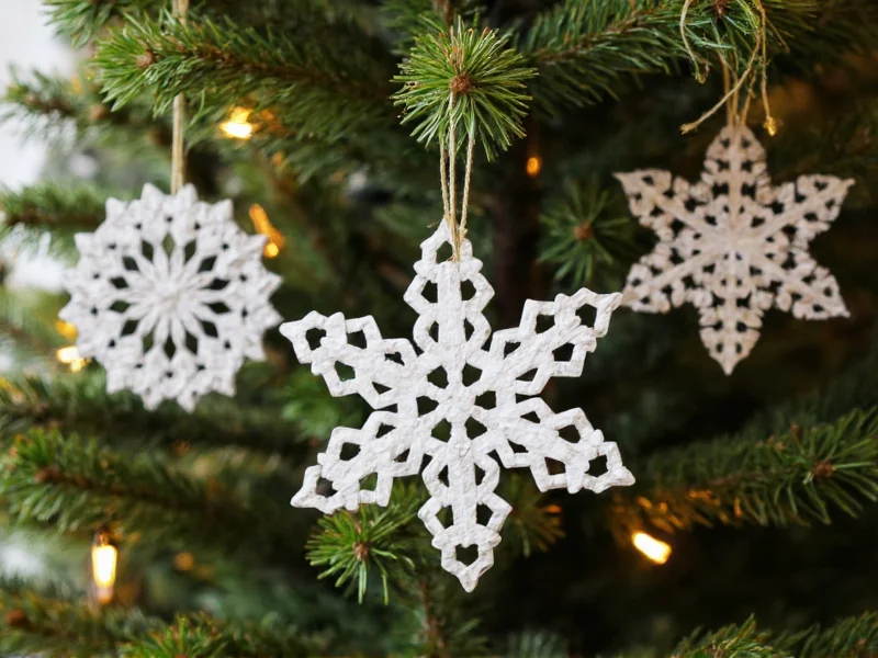 Handmade paper snowflake ornaments hanging on Christmas tree