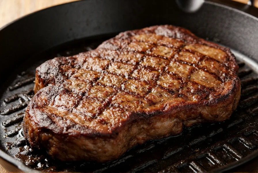 Perfectly cooked ribeye steak with coarse black pepper crust on cast iron skillet