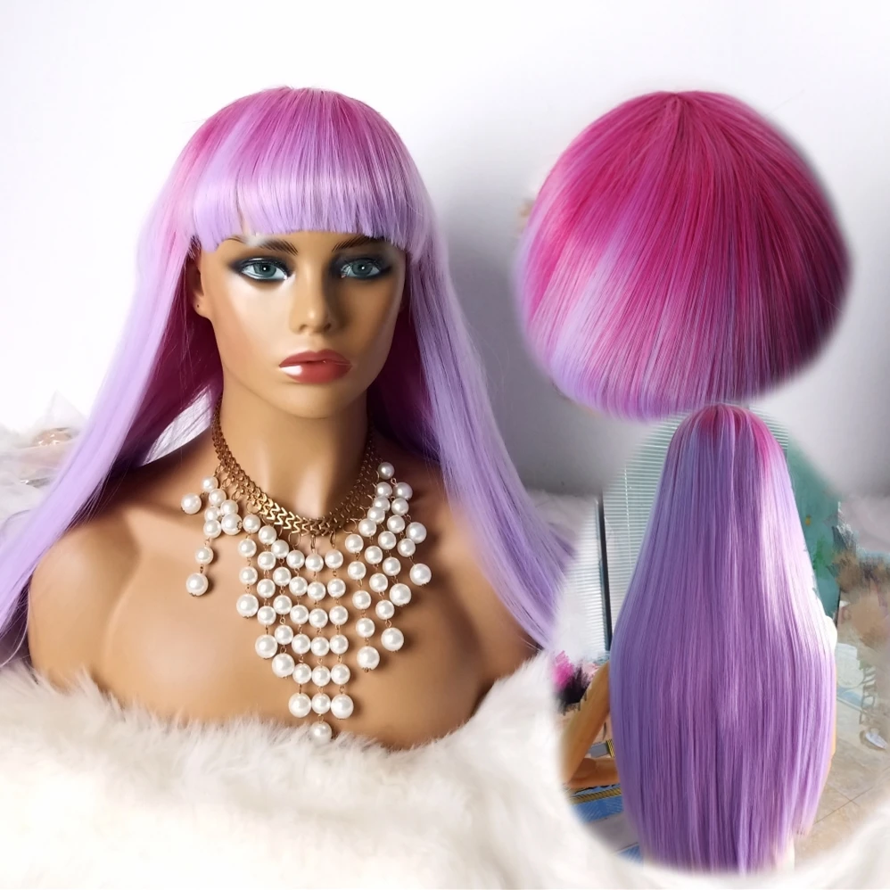 

Purple Ombre Rose Red with Bangs Synthetic No Lace Wig Glueless Heat Resistant Drag Queen Halloween Customized Jennie Styles