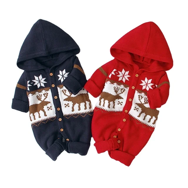 

High quality baby clothes knit Christmas cartoon deer hooded baby+rompers, Red/blue