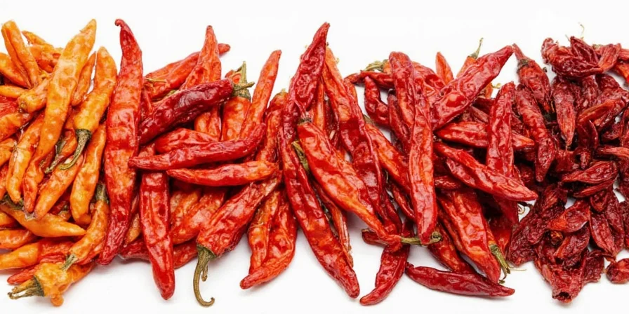 Close-up of ancho, guajillo, pasilla, chipotle, and arbol chiles side by side