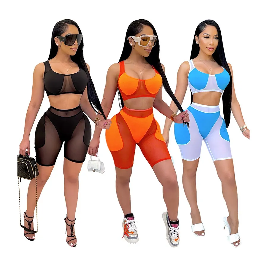 

Foma CY9013 summer 2021 sexy women slim polyester mesh bra crop top and shorts pants sports 2 two piece set, 3 colors