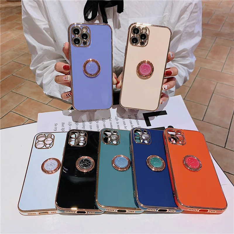 

For iPhone 11 Case Luxury Electroplated Gold Plated Stand Ring Holder Cover for iPhone 12 Pro XS Max 7 8 Plus XR SE 2020 X Cases, 6 colors