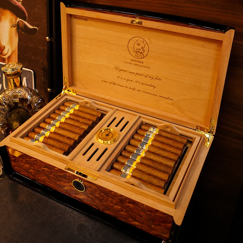 Guevara Cedar Wood Cigar Humidor with Humidifier Fingerprint Lock Desktop Cigar Display Cabinet Cigar Accessories Luxury